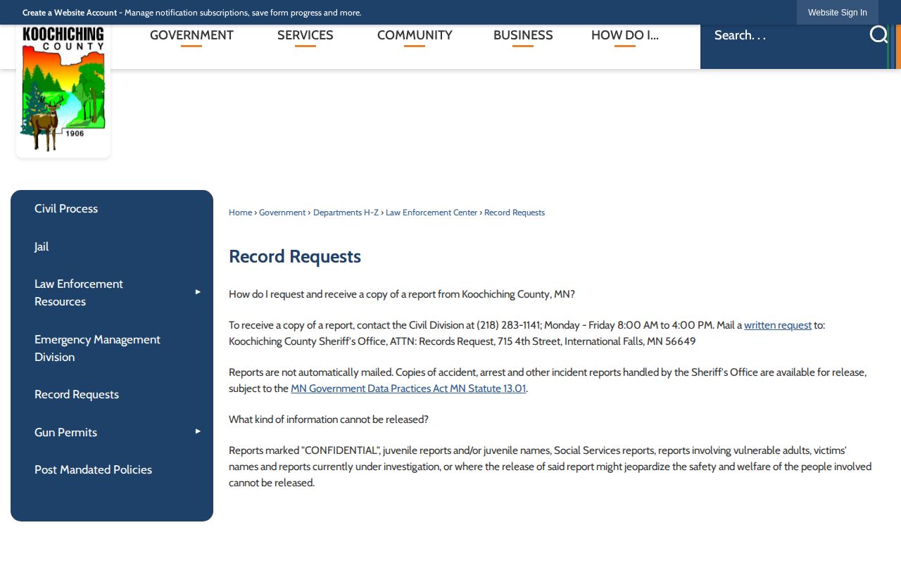 Koochiching County official record requests page
